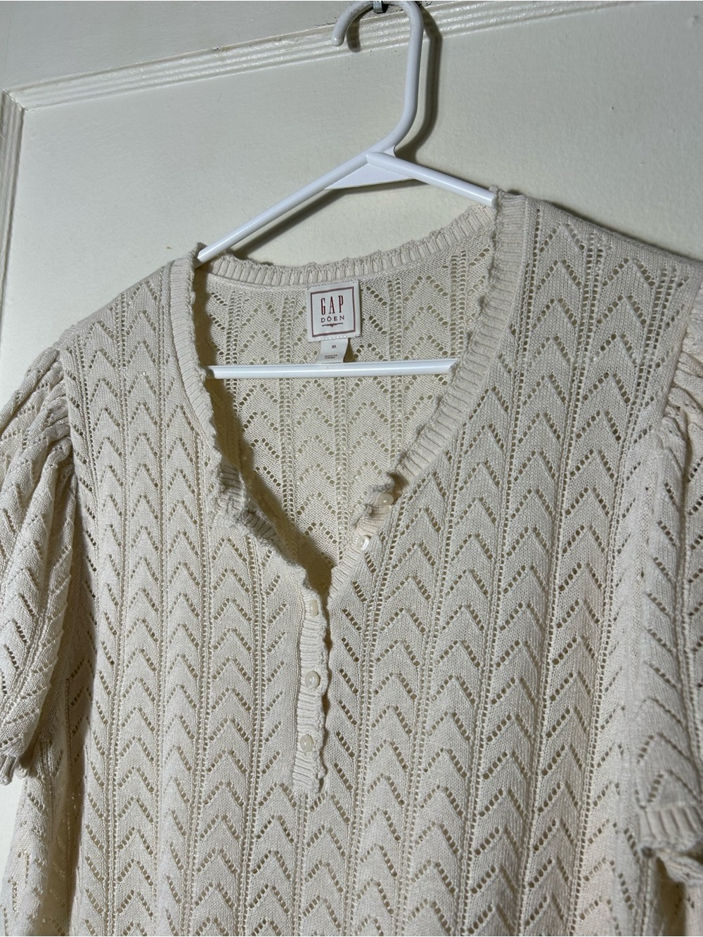 Doen X Gap ivory pointelle knit puff sleeve short sleeve top womens XL - Picture 3 of 8